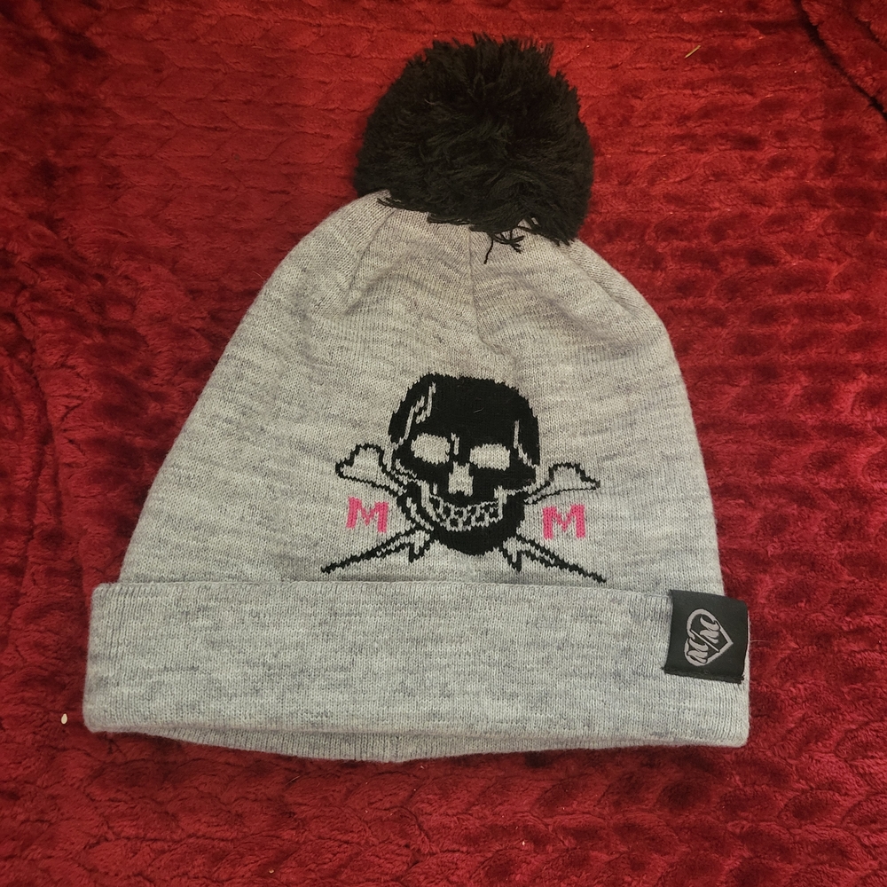 Gray Skull Pom-Pom Beanie for Kids
